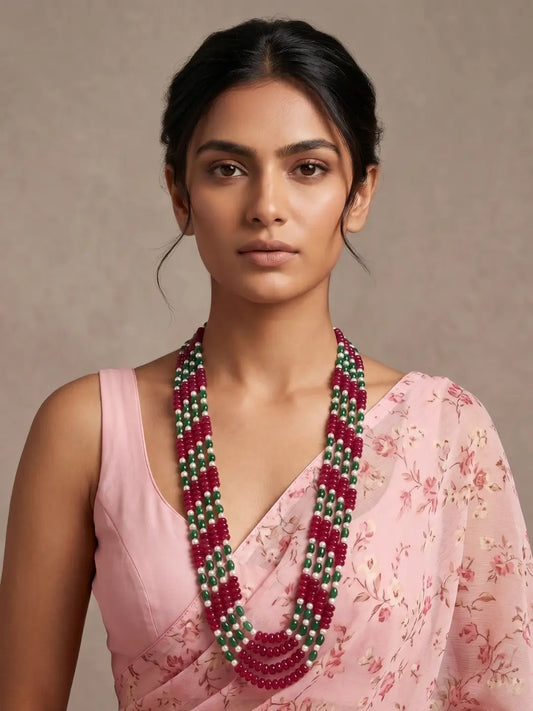 Multilayer ruby red and green jade bead necklace with freshwater pearls and a gold-plated finish.