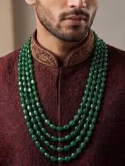 Traditional dulha mala featuring polished green jade beads in cascading strands with gold plating, designed to complement men's sherwanis for weddings.