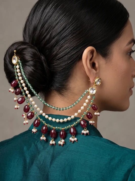 Multicolour Kundan pearl ear chain with green beads, maroon drops and gold-tone detailing for bridal wedding jewellery.