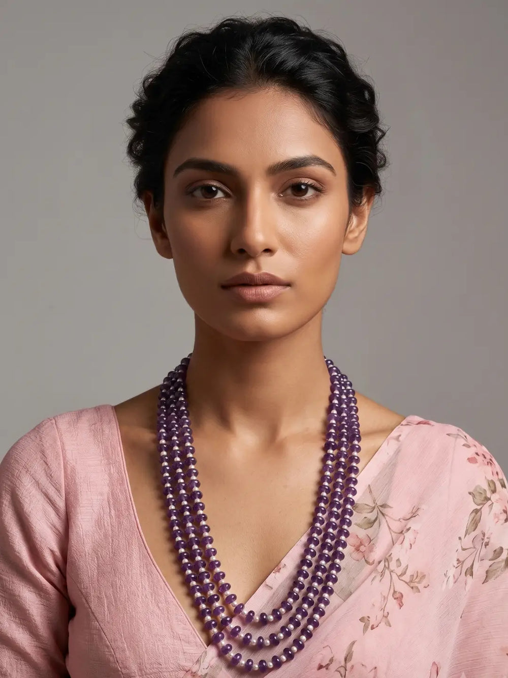Natural amethyst and freshwater pearl multi-strand beaded necklace for women with layered gemstone beads and an elegant ethnic design.