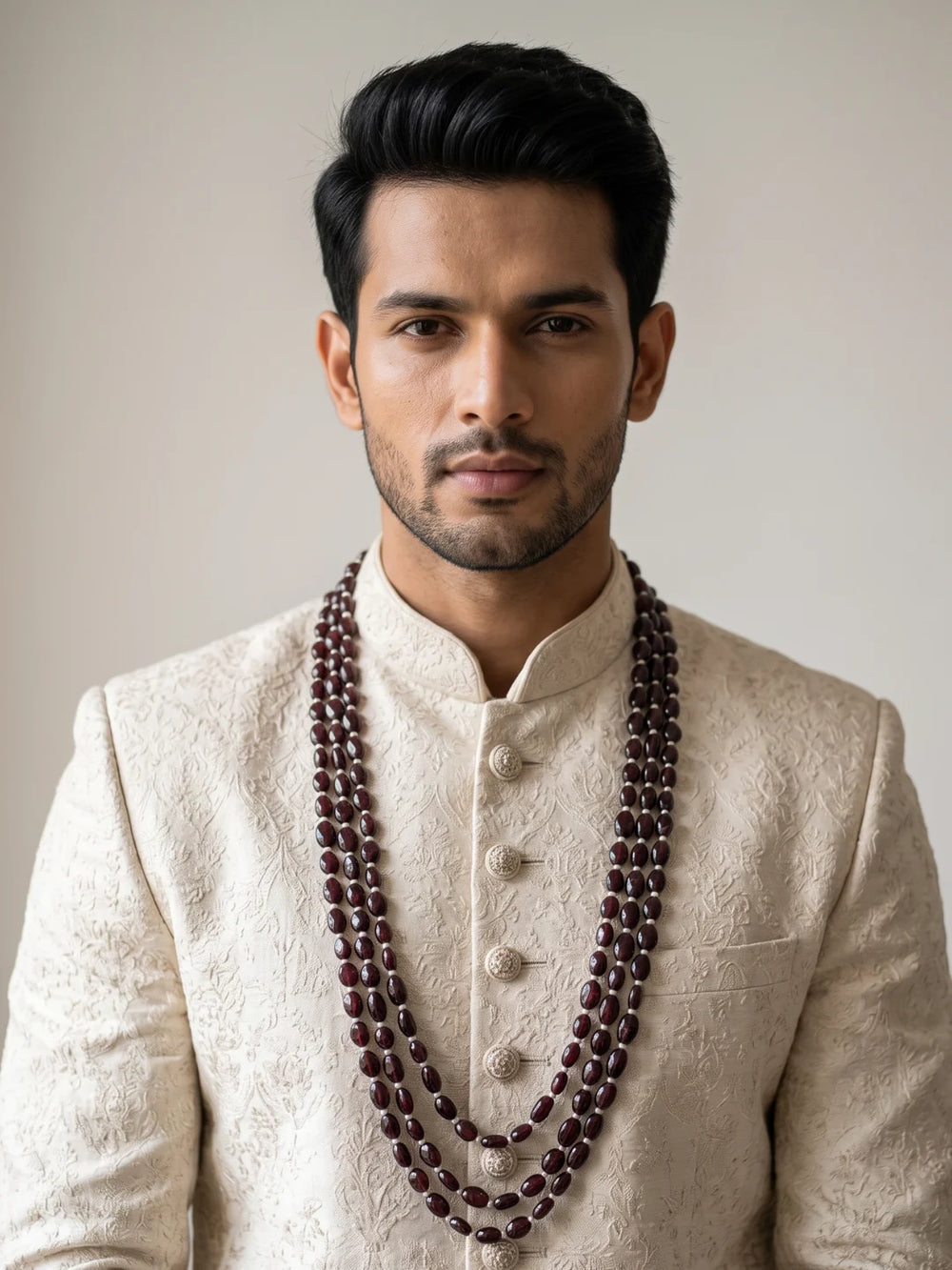 Three-layer garnet and pearl groom necklace with rich burgundy gemstone beads, contrasting freshwater pearls and an elegant graduated silhouette.