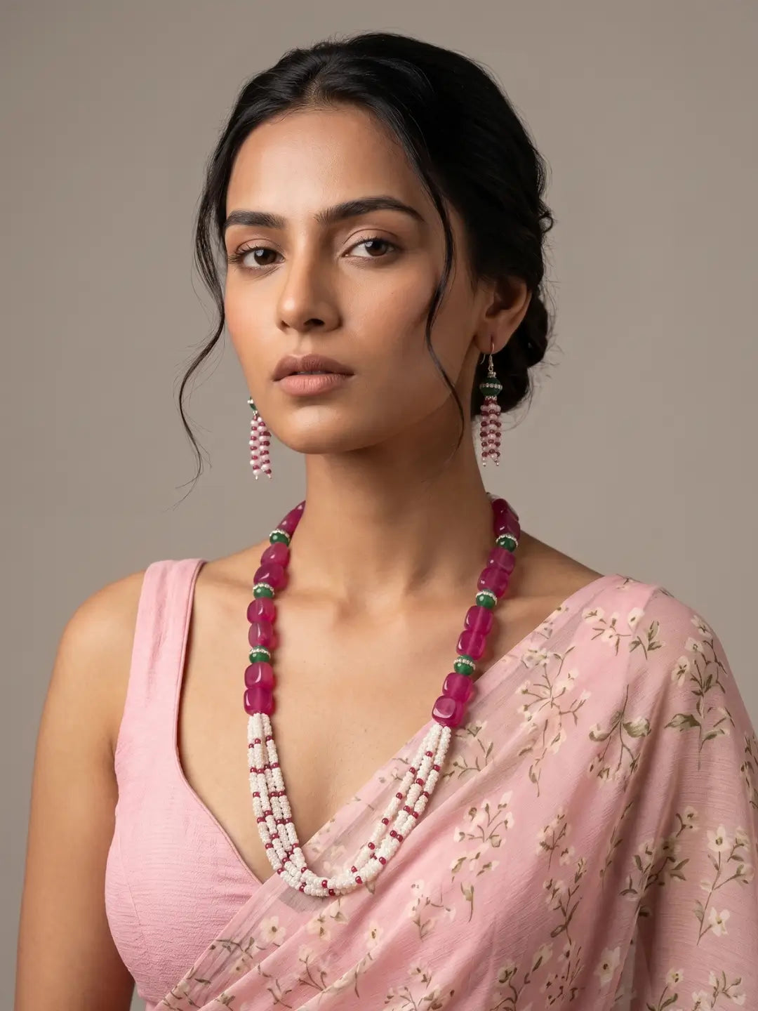Natural rainbow moonstone and pink jade multi-strand beaded necklace set with statement earrings for festive and ethnic Indian wear.