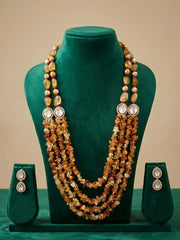 Natural yellow citrine multi-strand necklace with matching earrings, red jade, Tanjore-painted pearls and CZ stone details.