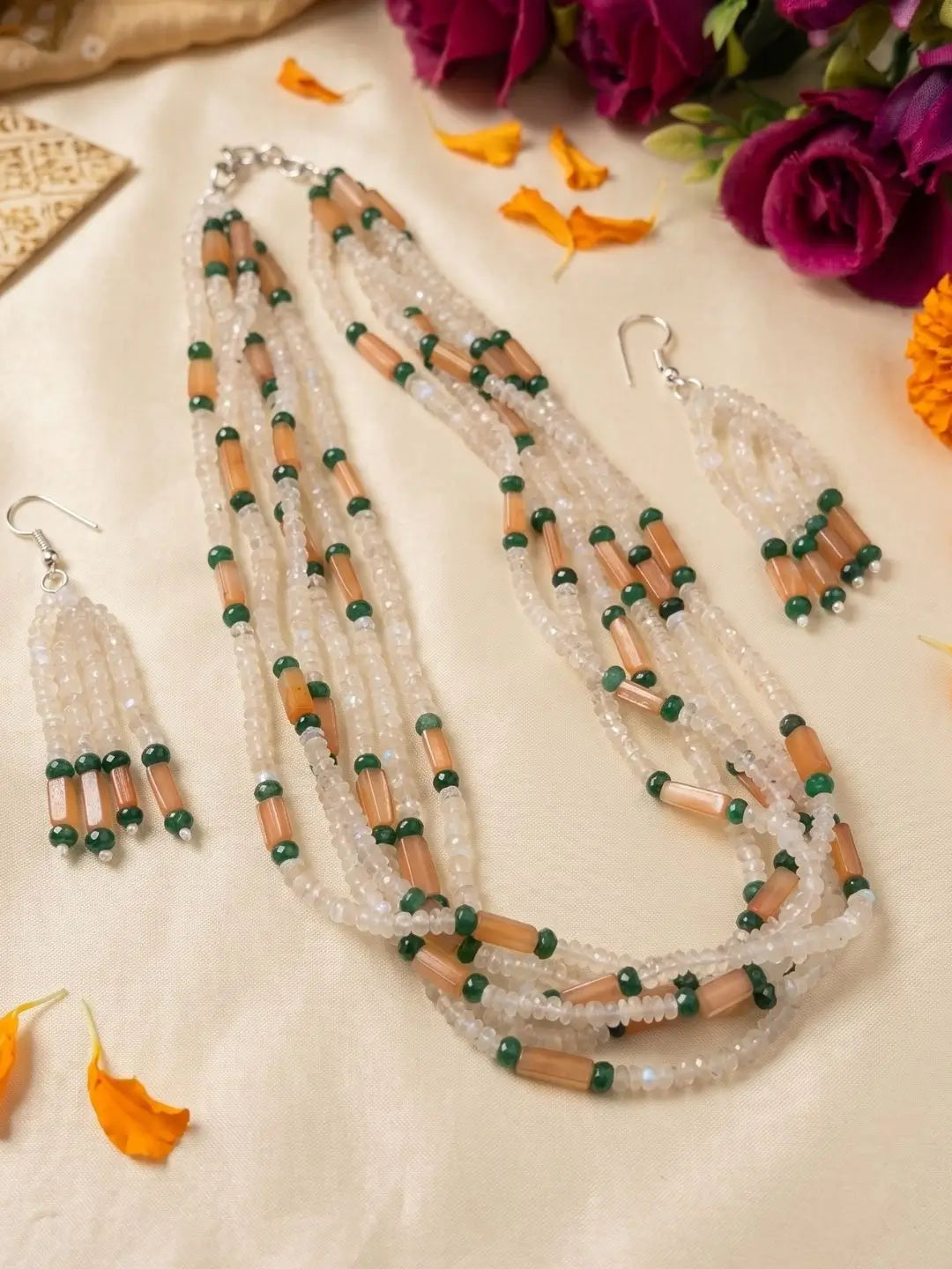 Handcrafted Rainbow Moonstone Faceted Beads Necklace Set  with jade beads | Gemstone Jewellery 