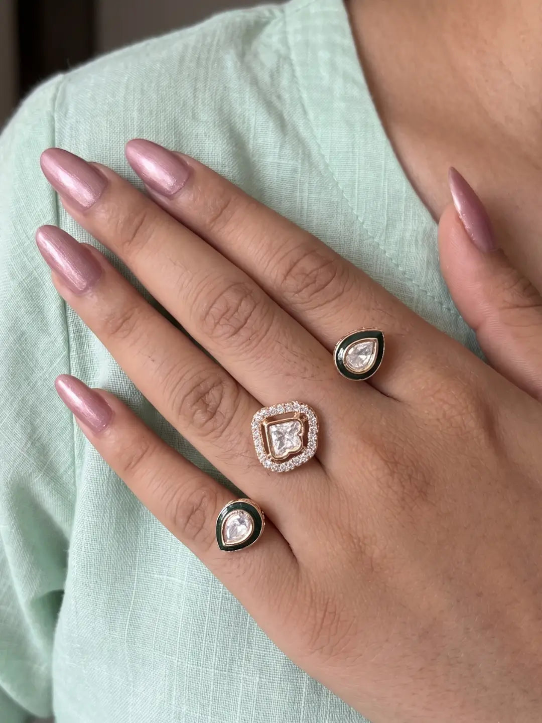 Navy CZ Polki dual finger ring with two gold-tone bands, ornate stonework and enamel detailing for wedding, cocktail and festive occasion styling