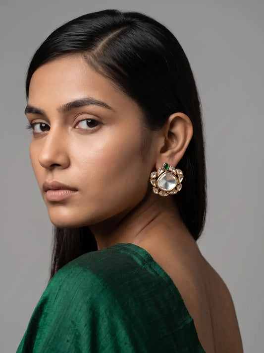Large green Polki stud earrings featuring a white petal-shaped stone border and warm gold plated finish for festive looks