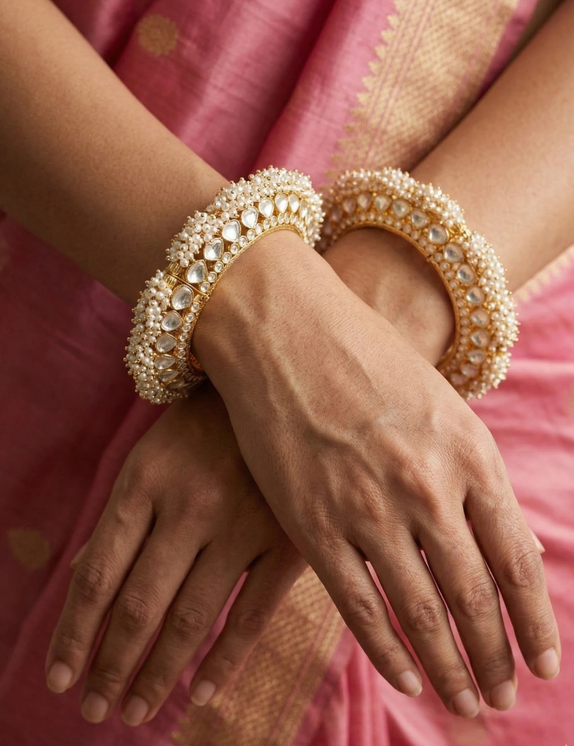Gold plated gokhru kada bangles with paachi kundan and pearls, presented as a gift for anniversaries, birthdays and Mother’s Day