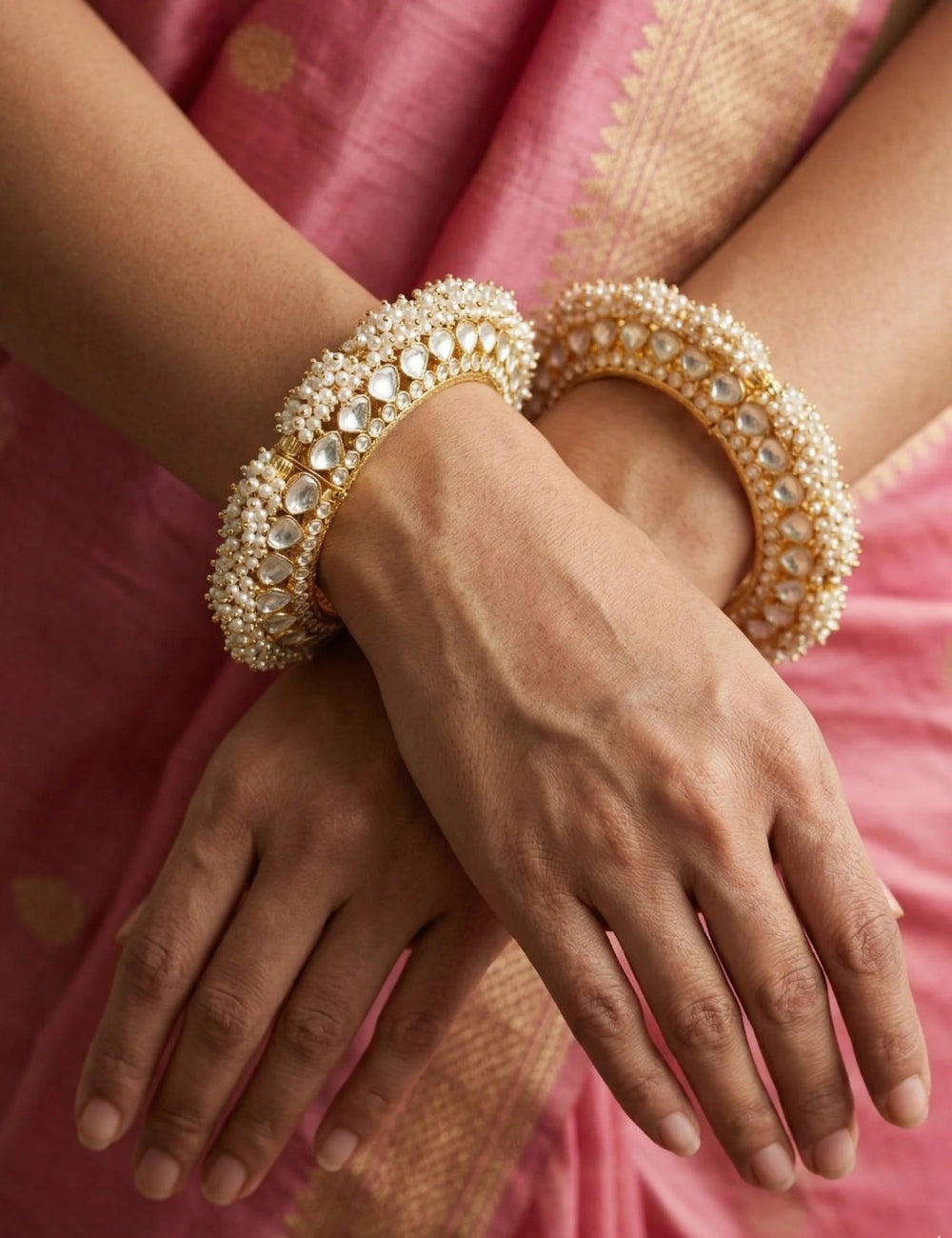Gold plated gokhru kada bangles with paachi kundan and pearls, presented as a gift for anniversaries, birthdays and Mother’s Day