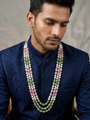 Traditional groom necklace with box-shaped pink and mint green jade beads separated by white faux pearls, arranged in cascading strands with gold-tone details.