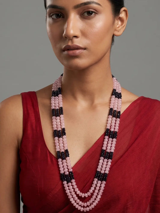 Pink and blue layered beaded mala featuring pink jade gemstone beads and shell pearls, designed as ethnic jewellery for sarees and weddings