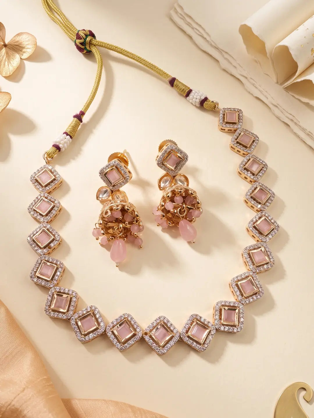 Pink CZ and Polki stone necklace set with matching jhumka earrings, designed for weddings, receptions, parties and festive celebrations.