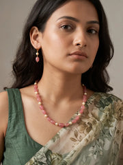 Single-strand pink box-shaped jade bead necklace with faux pearls, shown with matching drop earrings and gold-tone accents