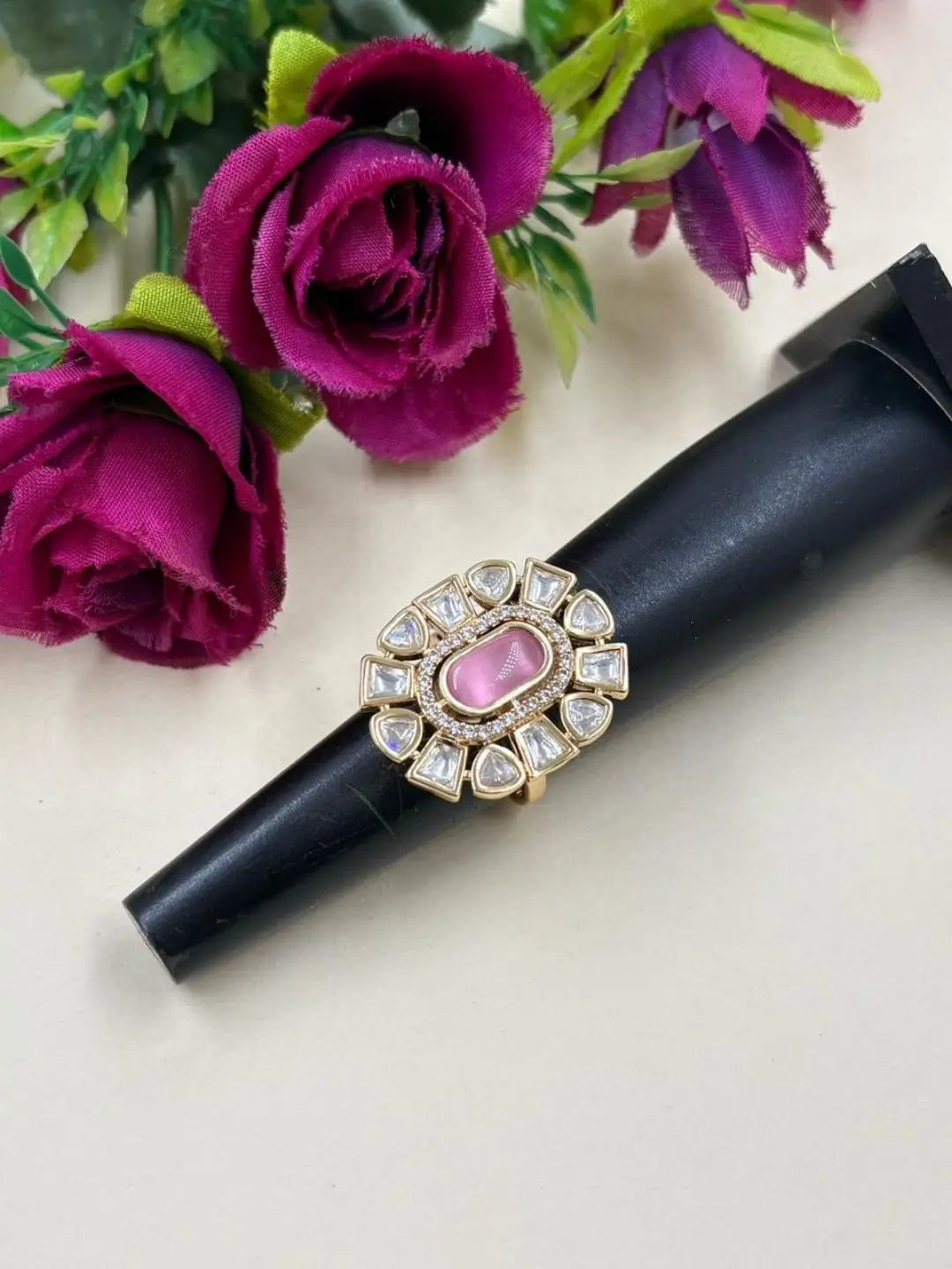 Statement Pink Polki Kundan Ring for Women | Wedding And Festive Wear