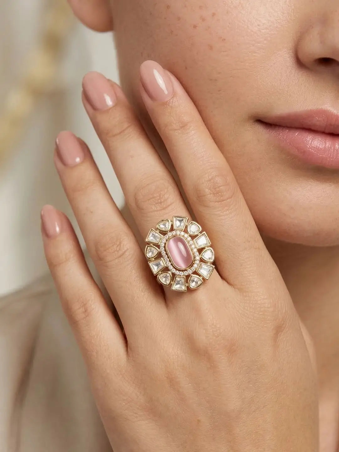 Statement babay Pink Stone And Polki Kundan Ring for Women | Wedding And Festive Wear