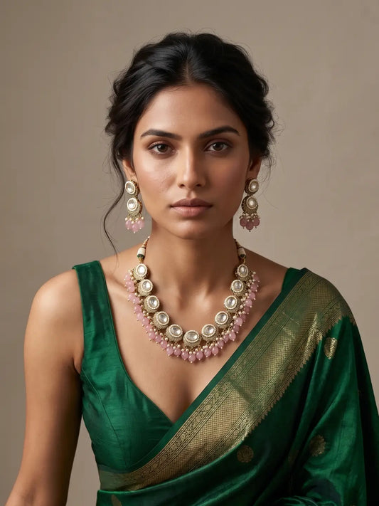 Pink Victorian-finish Kundan necklace with clear centre stones, beaded drops, pearl accents and matching earrings.