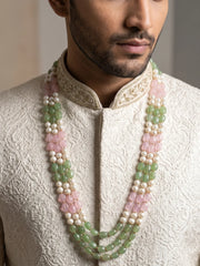 Multi-strand dulha mala featuring pink and mint green jade beads, white faux pearls and gold-tone accents for traditional Indian groom wedding attire