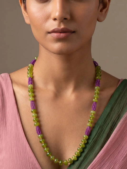 Pink and parrot green beaded long necklace featuring alternating jade and hydro beads with warm gold-tone accents for festive and ethnic outfit styling