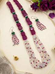 Pink and white gemstone beaded necklace featuring natural pink jade, rainbow moonstone and green beads for traditional styling.