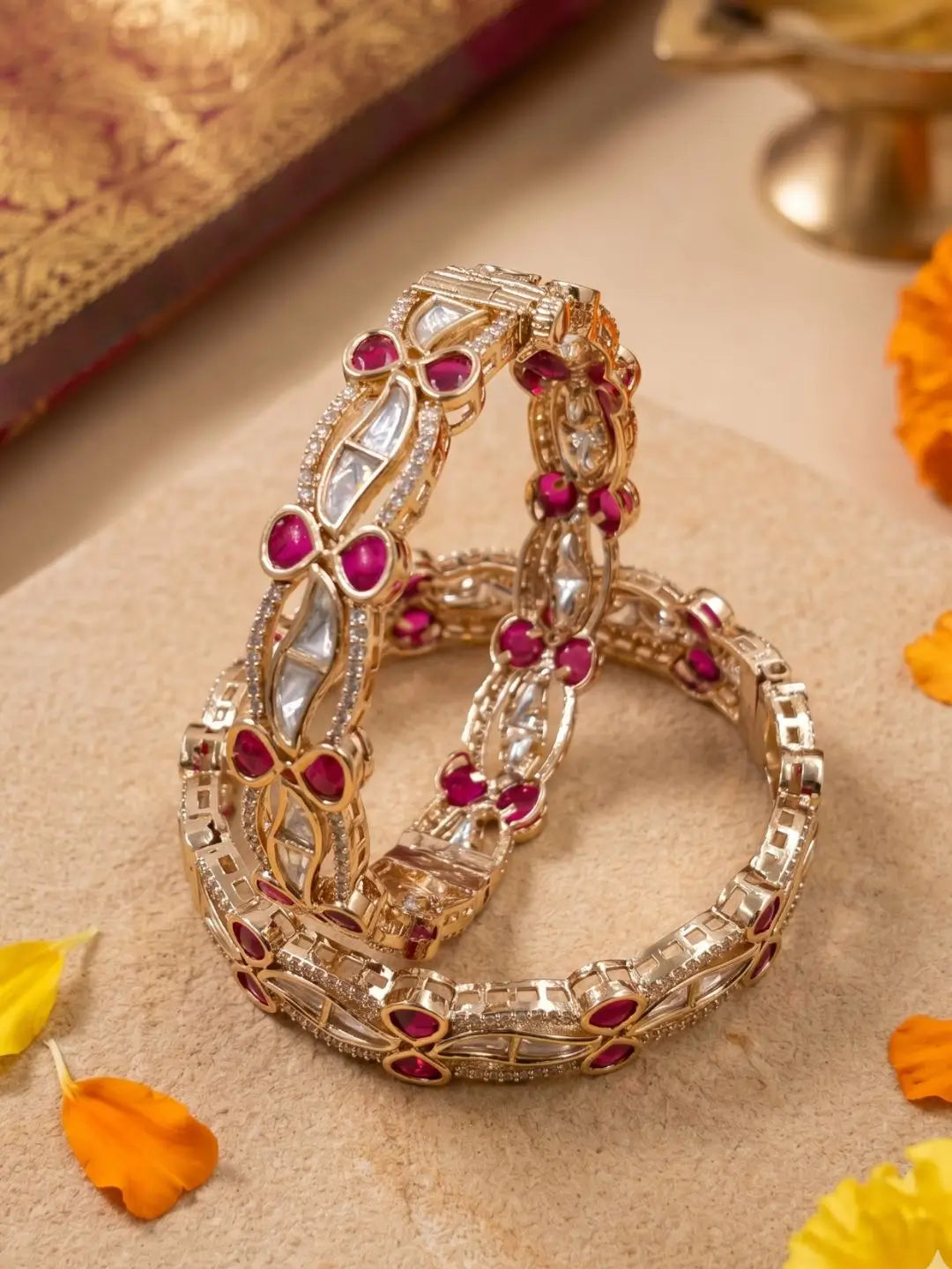 Gold Plated Kundan & Ruby Stone Bangle Set For Women | Wedding & Festive Bangles