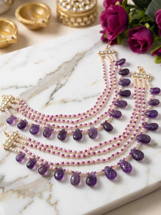 Purple amethyst Kaan Chain with real freshwater pearls, faceted gemstone beads and U-shaped strands for bridal bun styling