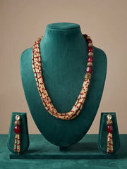 Red jade and fluorite multi-strand necklace set with gold-plated detailing, suited to silk sarees, solid-coloured Anarkalis and Indo-Western outfits