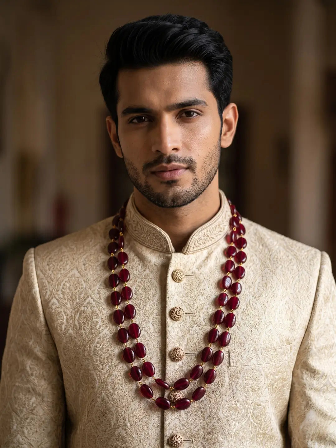 Double-strand red jade mala featuring deep red oval beads connected by delicate gold-tone links for a distinguished groom's wedding ensemble.