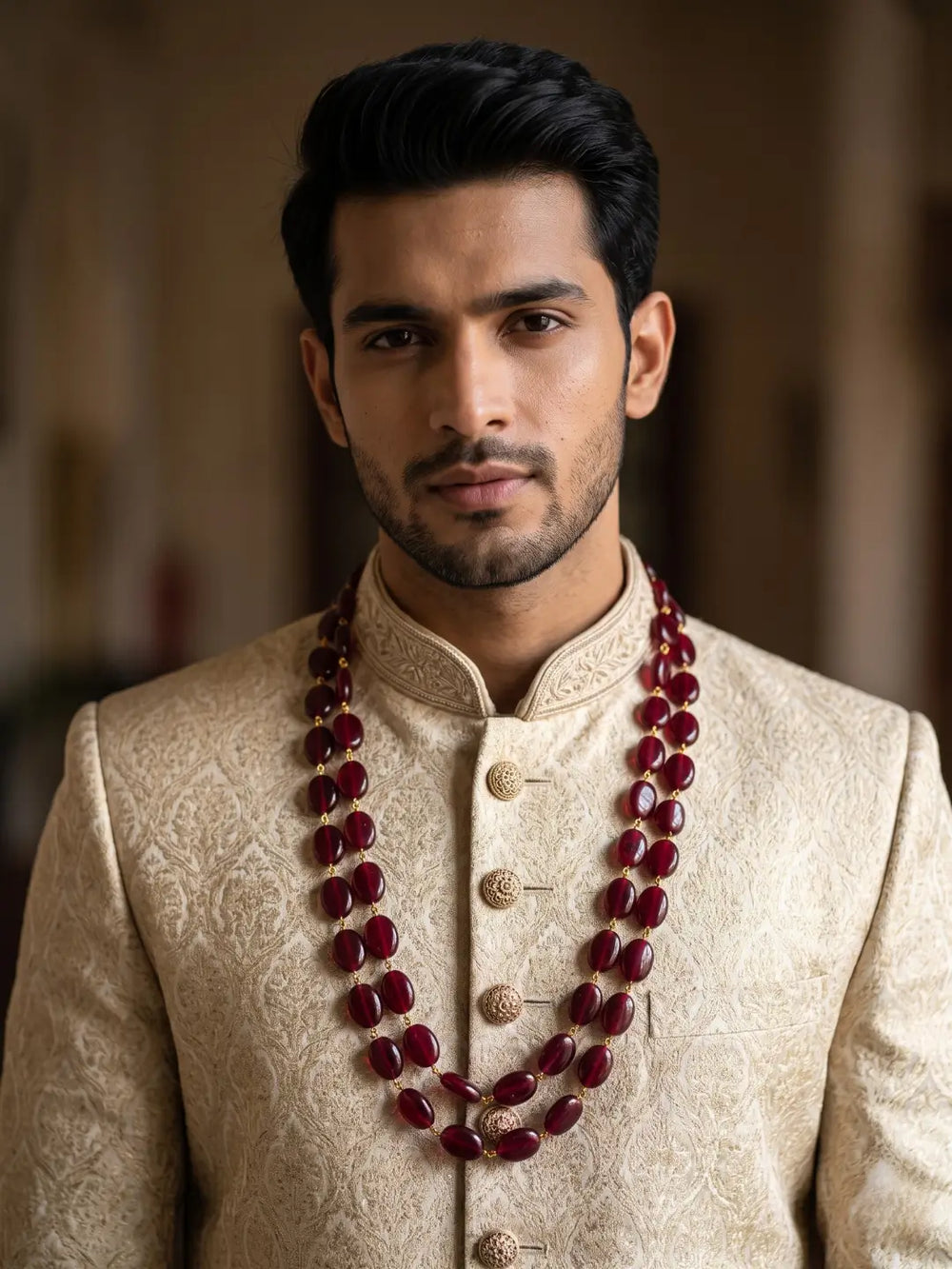 Double-strand red jade mala featuring deep red oval beads connected by delicate gold-tone links for a distinguished groom's wedding ensemble.