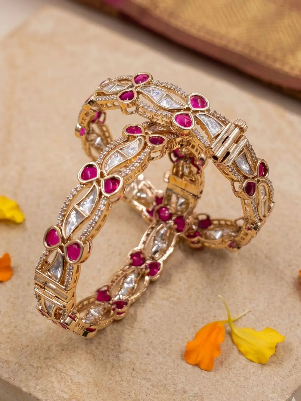 Gold Plated Kundan & Ruby Stone Bangle Set For Women | Wedding & Festive Bangles online