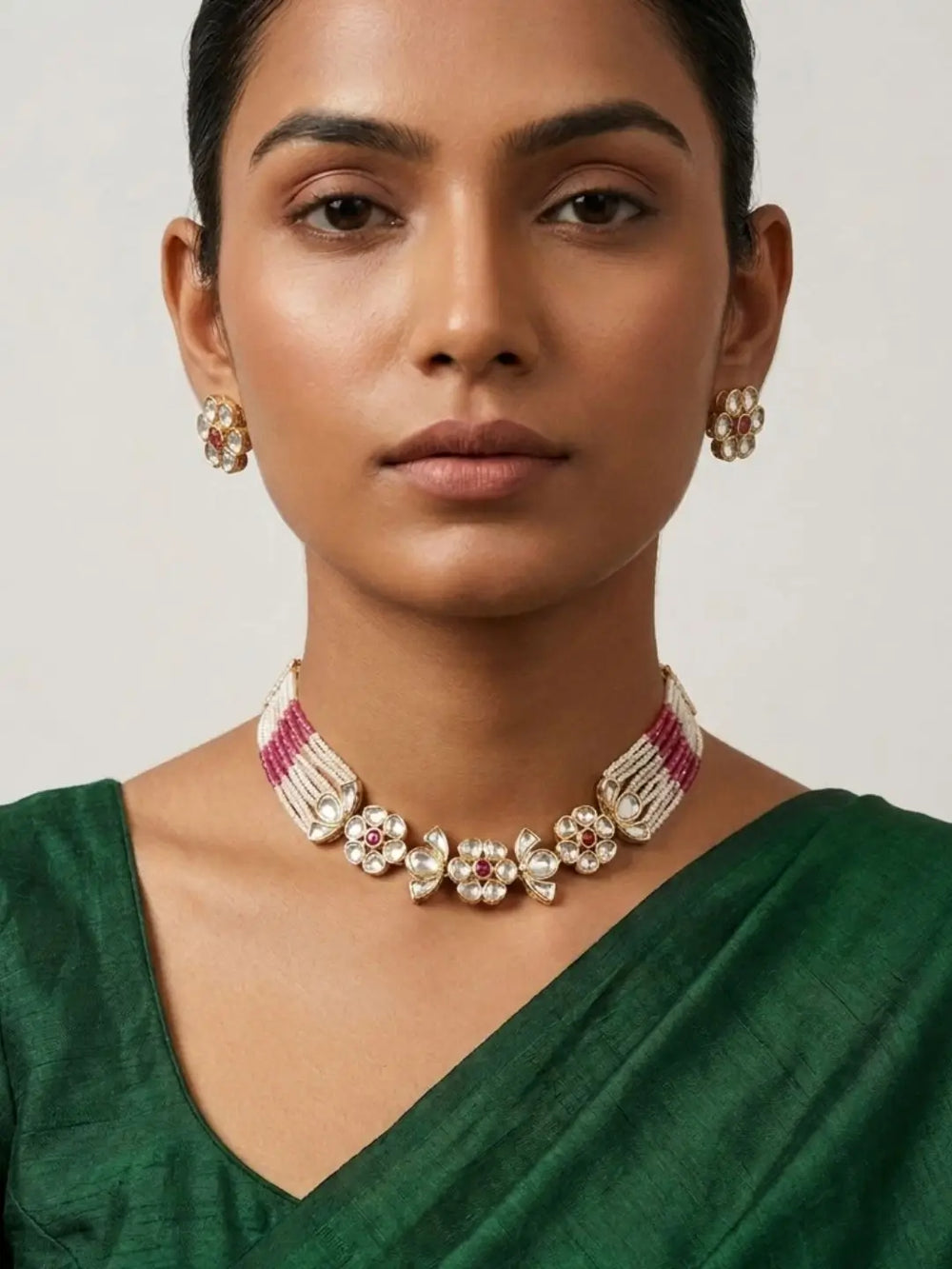 Red kundan and pearl choker necklace with floral motifs and multi-strand pearl beading displayed together with matching earrings as a set
