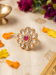 Red floral cluster polki kundan adjustable ring with CZ stones set in a radiant rose gold plated base, shown from the front