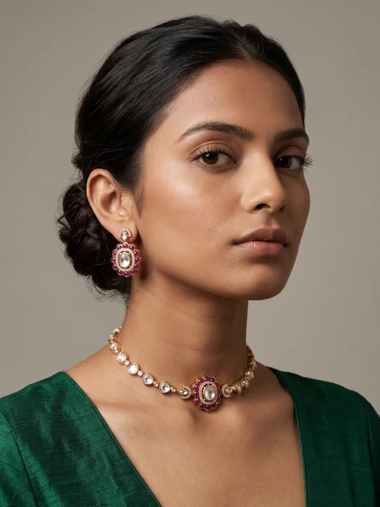 Red Polki Kundan choker necklace set with CZ stones, red enamel detailing and matching earrings for wedding and festive jewellery styling.