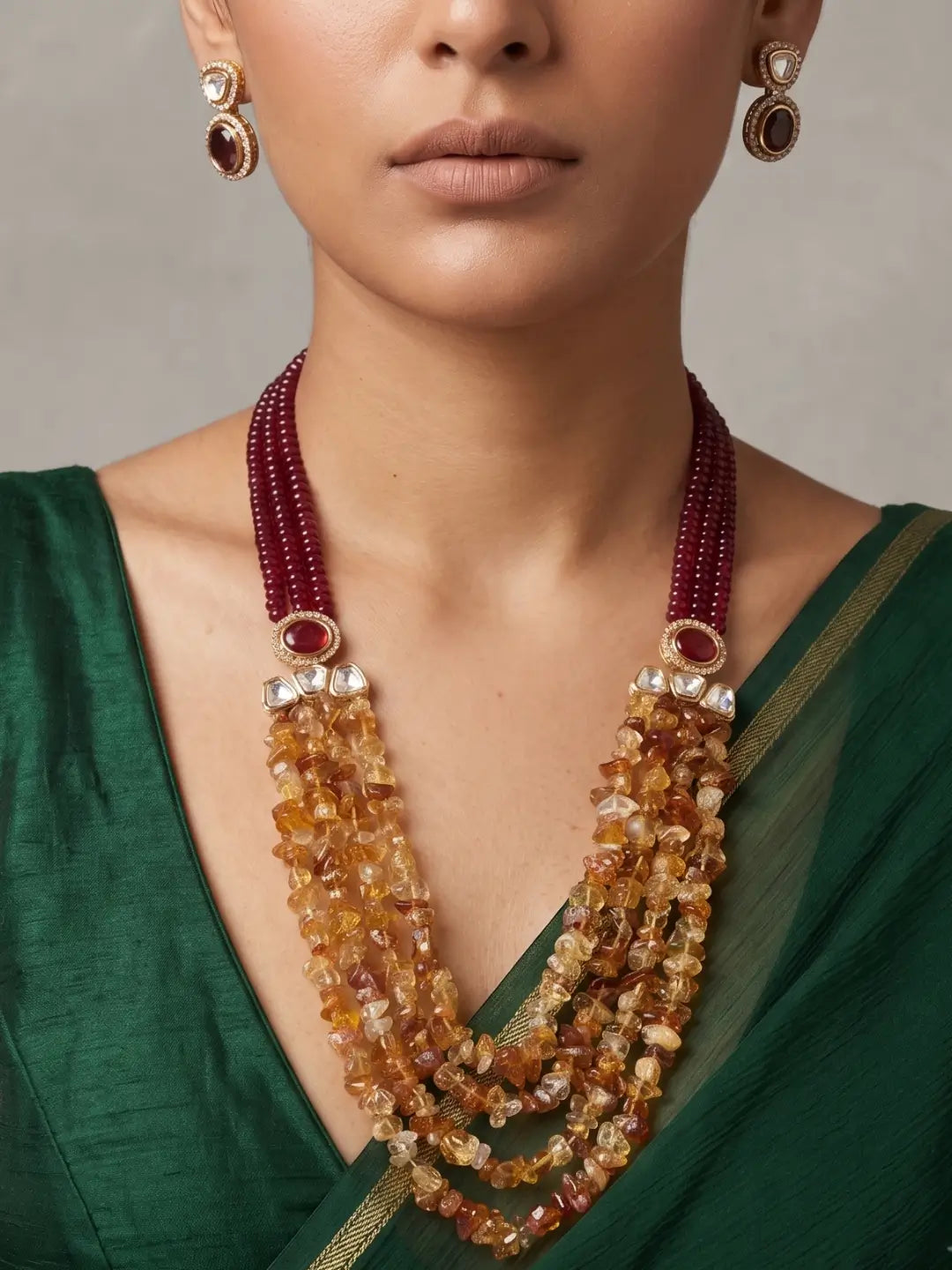 Red and yellow citrine beaded necklace set with Kundan accents and matching earrings for Indian weddings and festive occasions.
