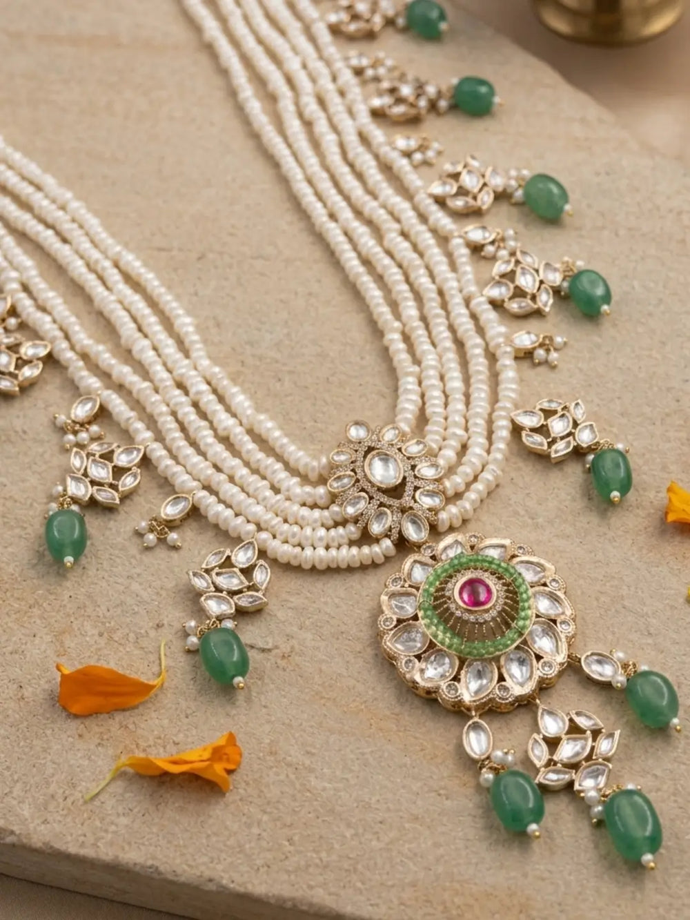 Royal groom sherwani mala with layered freshwater pearls, green jade beads, Kundan motifs and decorative dangling accents