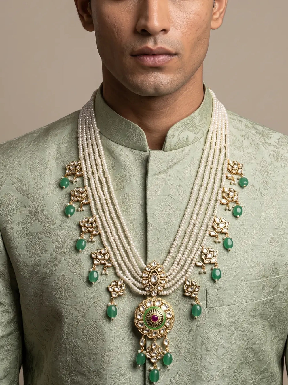 Layered white freshwater pearl groom mala with green jade beads, Kundan pendant, Polki accents and gold plated detailing