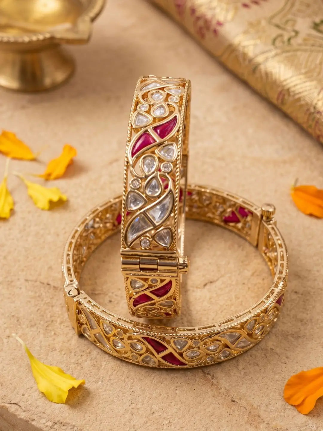 Gold Plated Ethnic Uncut Polki Kundan & Ruby Stones Bangle Set For Women