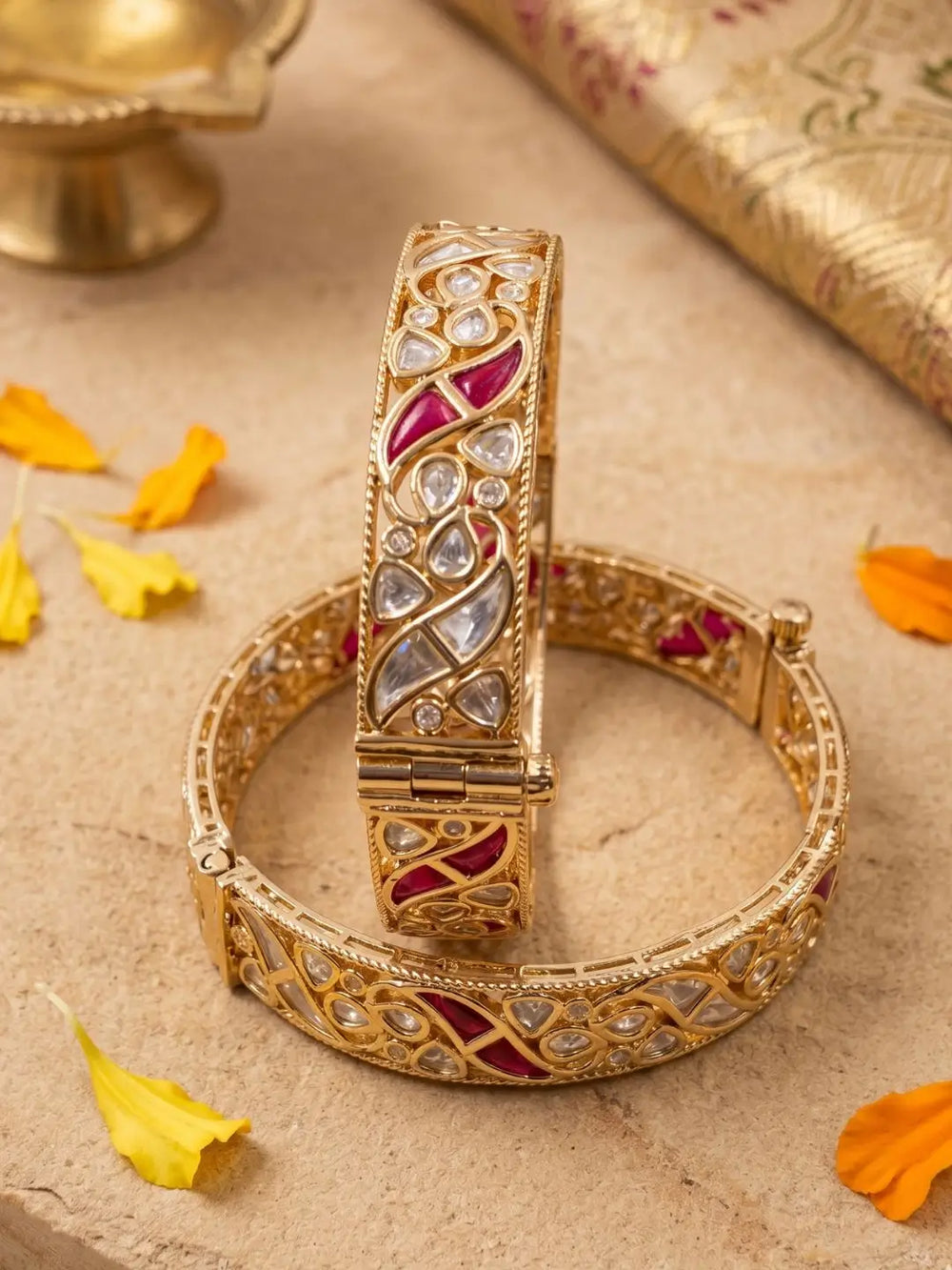 Gold Plated Ethnic Uncut Polki Kundan & Ruby Stones Bangle Set For Women