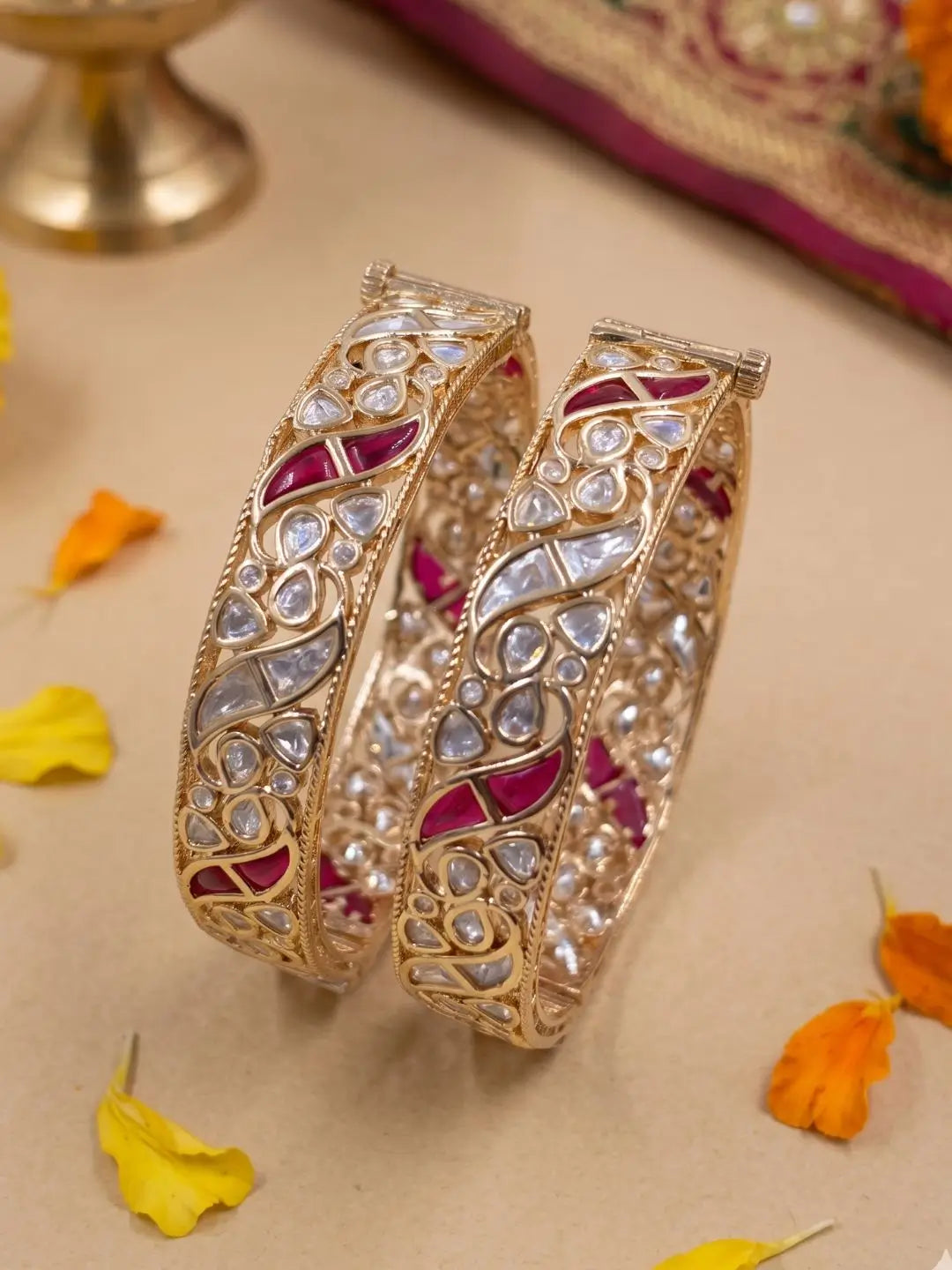 Gold Plated Ethnic Uncut Polki Kundan & Ruby Stones Bangle Set For Women