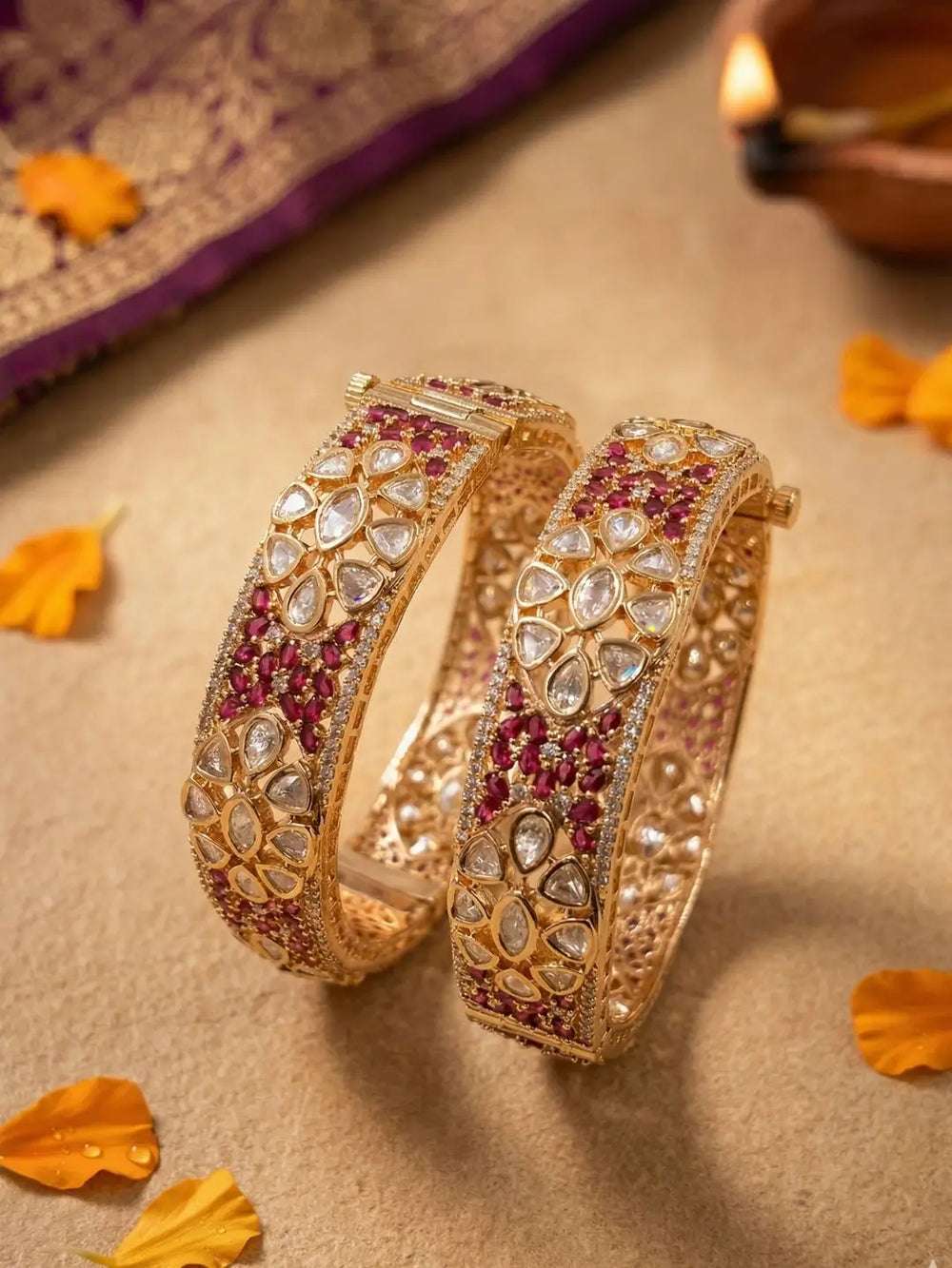 Luxury Gold Plated Ruby Stones & Polki Kundan Kada Bangles Set | Bridal & Weddings Wear