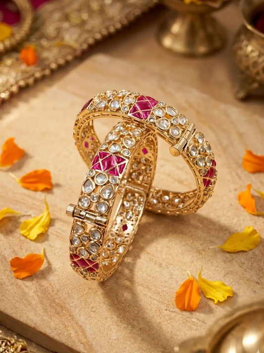 Gold Plated Ruby And Kundan Bangles For Women - Wedding And Party Wear Bangles