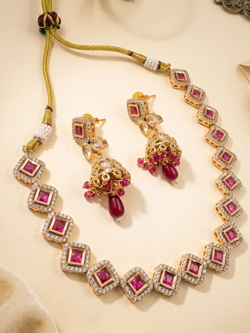 Ruby Pink CZ & Polki Stone Choker Necklace Set with Jhumka Earrings