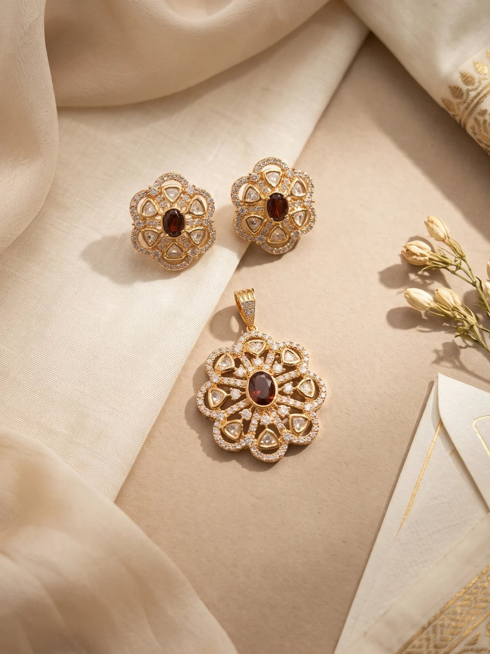 Ruby pink floral Kundan pendant and matching stud earrings with sparkling CZ accents, Polki stones and a gold-plated finish.