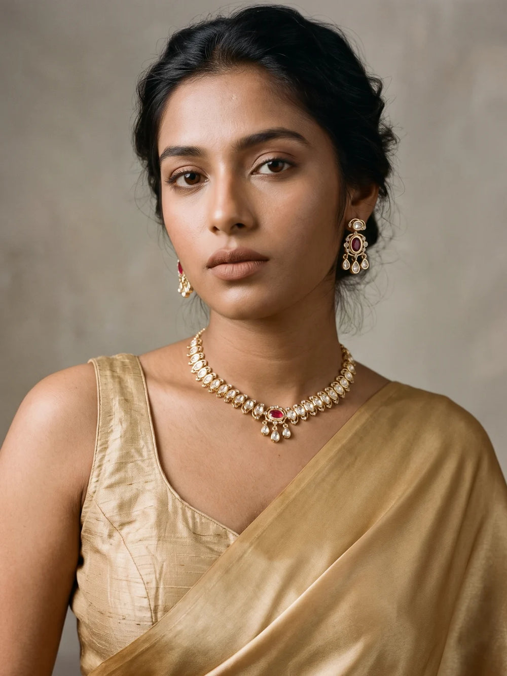 Ruby pink gold-plated choker jewellery with oval Polki motifs, clear CZ and imitation stones, and coordinated dangler earrings for ethnic styling.