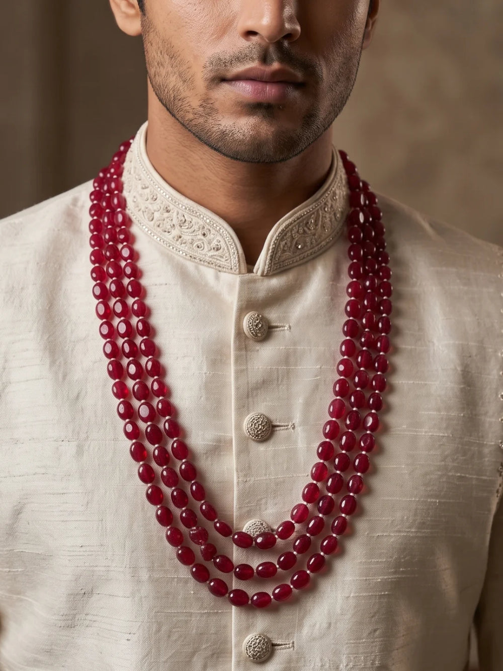 Ruby pink dulha sherwani mala featuring three layers of polished red-toned jade beads with gold-tone connecting details.