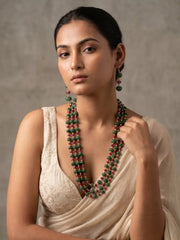 Ruby red and green watermelon-shaped jade beaded mala with multiple strands and pearl spacers for traditional Indian styling.