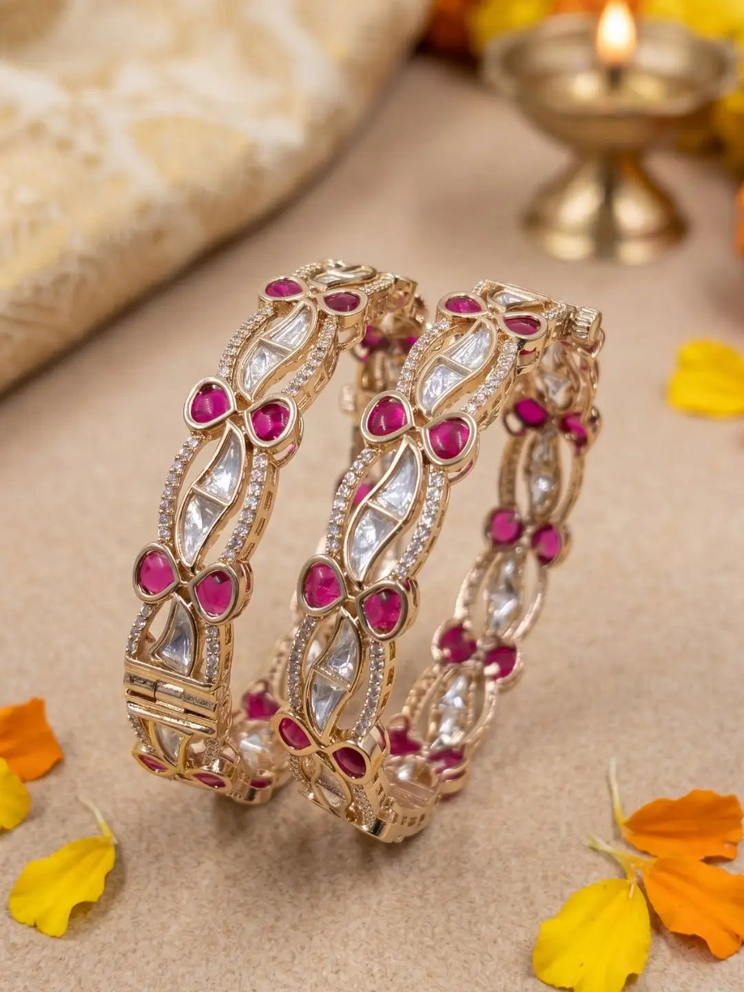 Gold Plated CZ, Kundan & Ruby Stones studdded Bangle Set For Women | Inidan Wedding & Festive Bangles Online 
