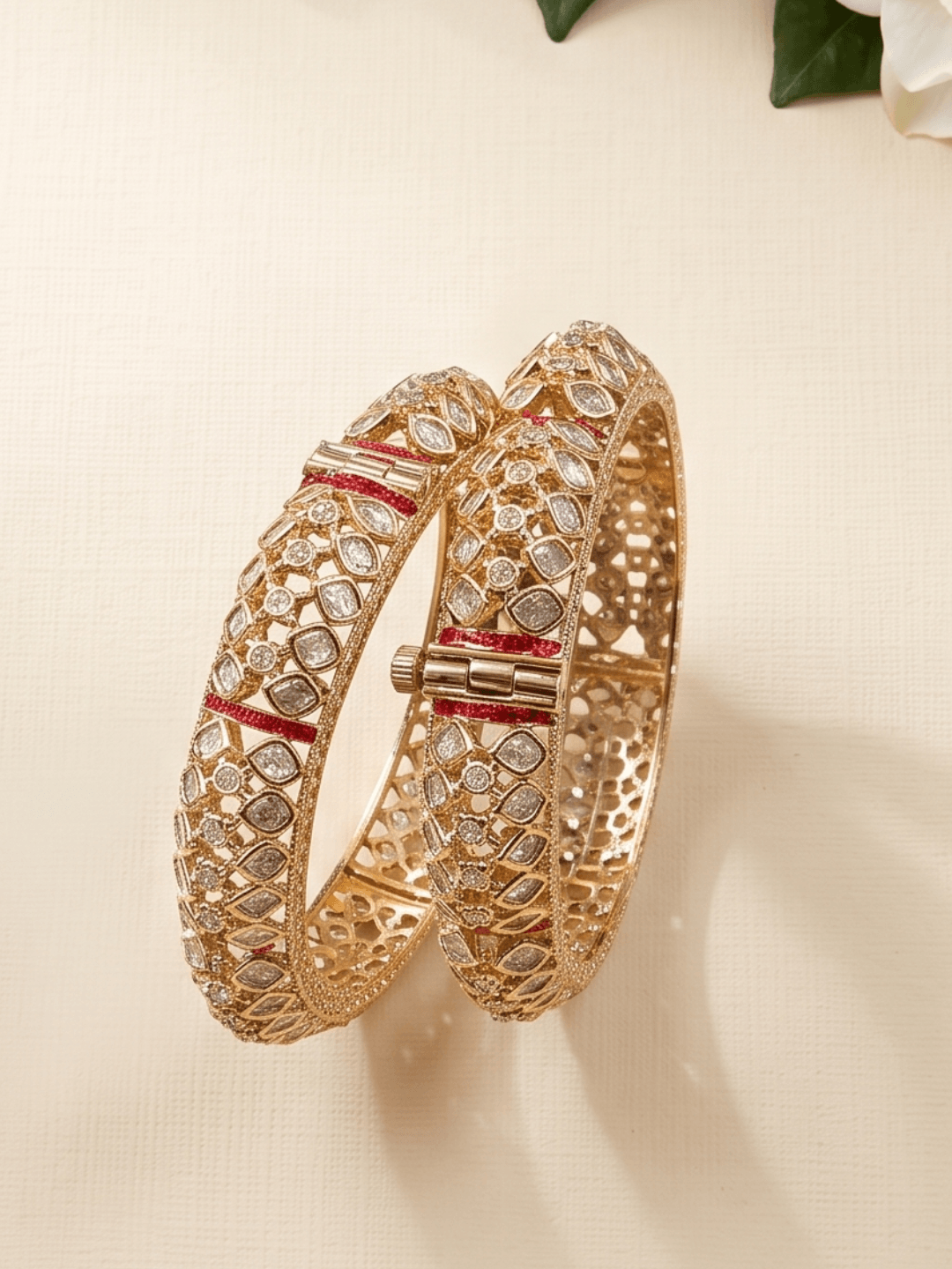 Beautiful Gold Plated Uncut Polki Imitation Bangles With Red Enamel | Wedding, Festive & Bridal Bangles