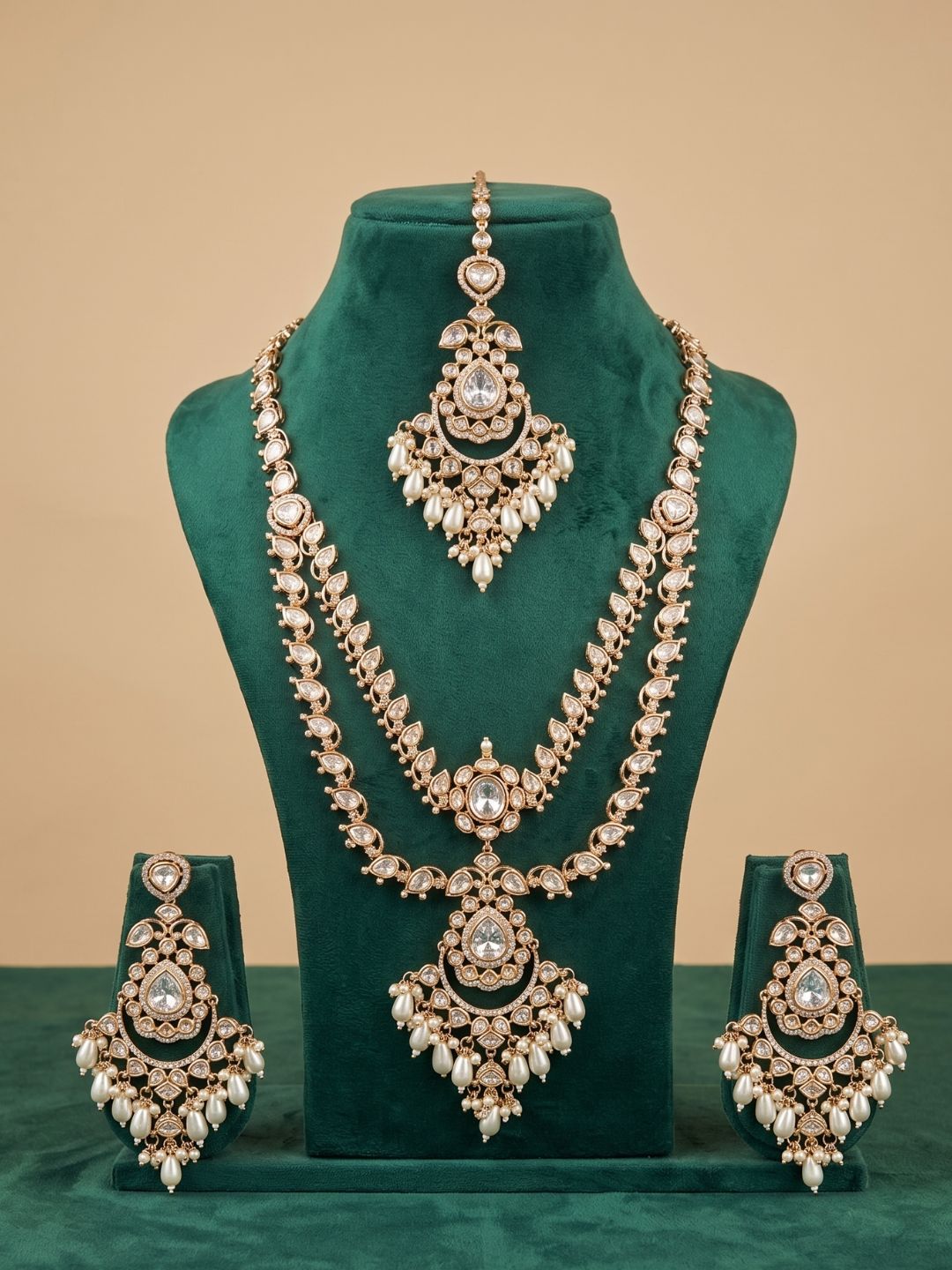 Luxurious Long Layered Polki Kundan Necklace Earring Set With Tikka  | Wedding And Bridal Jewellery