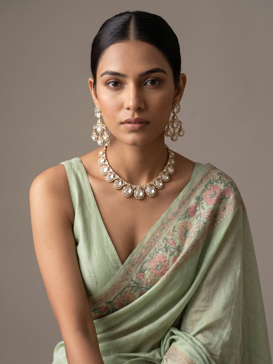 Side Profile Shot Highlighting Matching Rose Gold Polki and CZ Drop Earrings