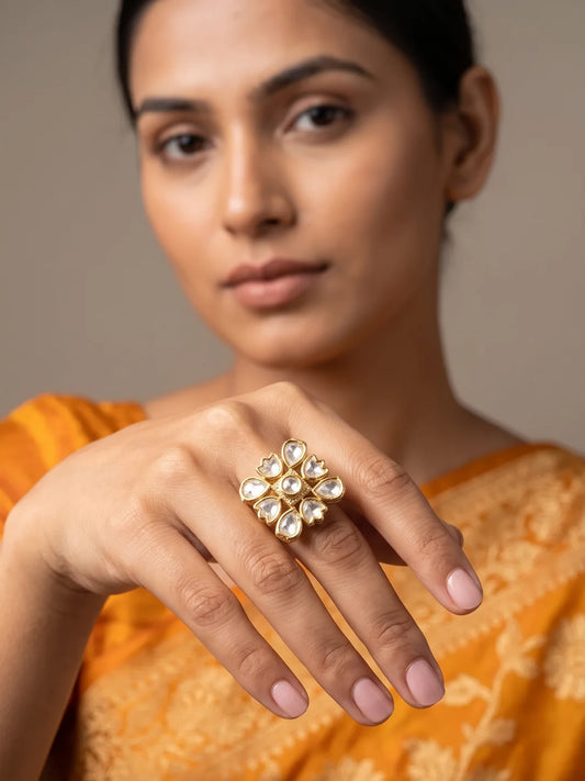 Square Polki Kundan statement ring with geometric edges, petal-inspired detailing and a warm gold plated setting for festive and wedding styling
