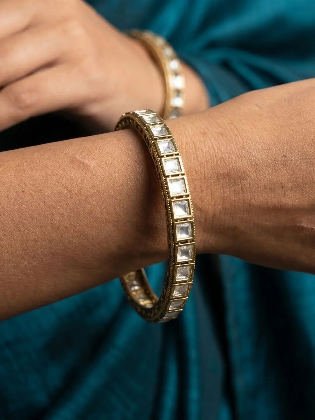Antique Victorian Finish Sleek Square Shape Polki Bangles For Women | Festive Wear